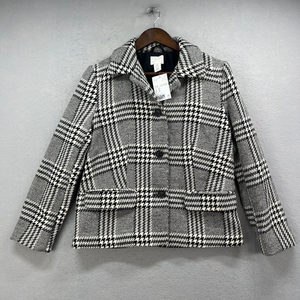 H&M Plaid Blazer‎ Womens M Black White Glen Check Wool Blend Button Up Office